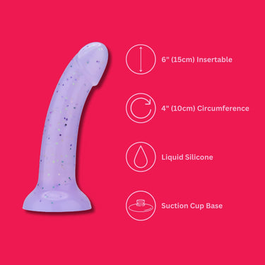 Informative graphic showcasing the dimensions of a purple silicone dildo, highlighting its 6 inch insertable length and 4 inch circumference.